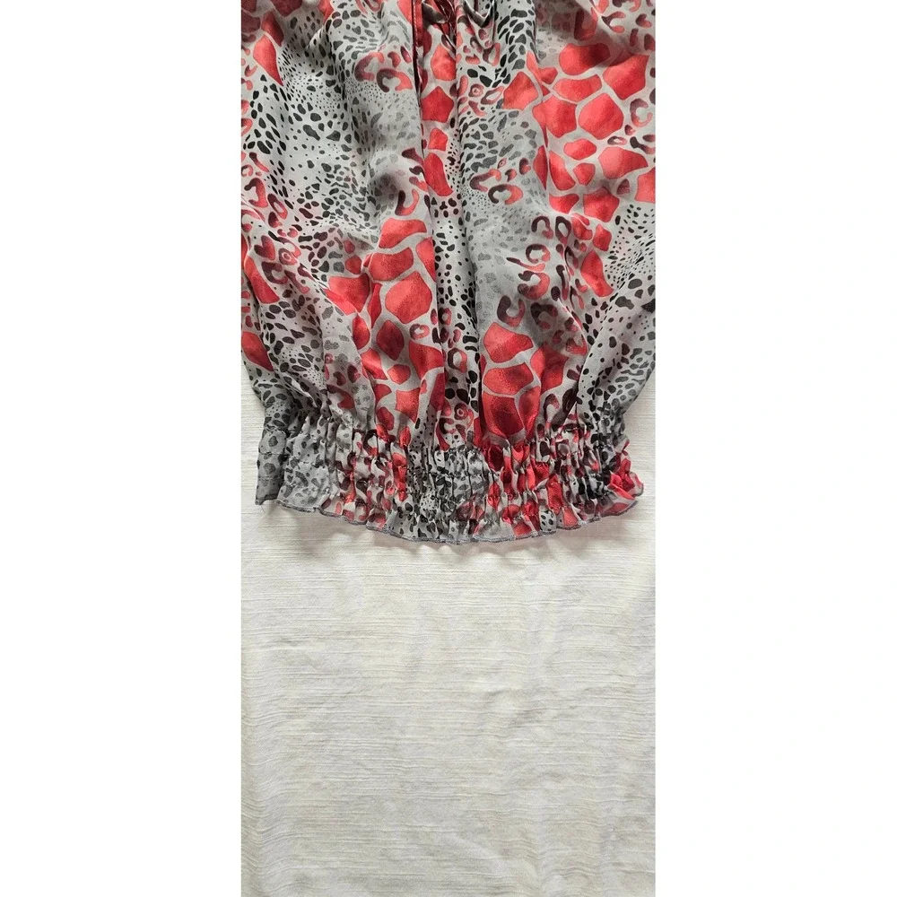 Sixteen Womens Red Grey Animal Print Smocked Hem Chiffon Blouse Medium - Picture 3 of 4